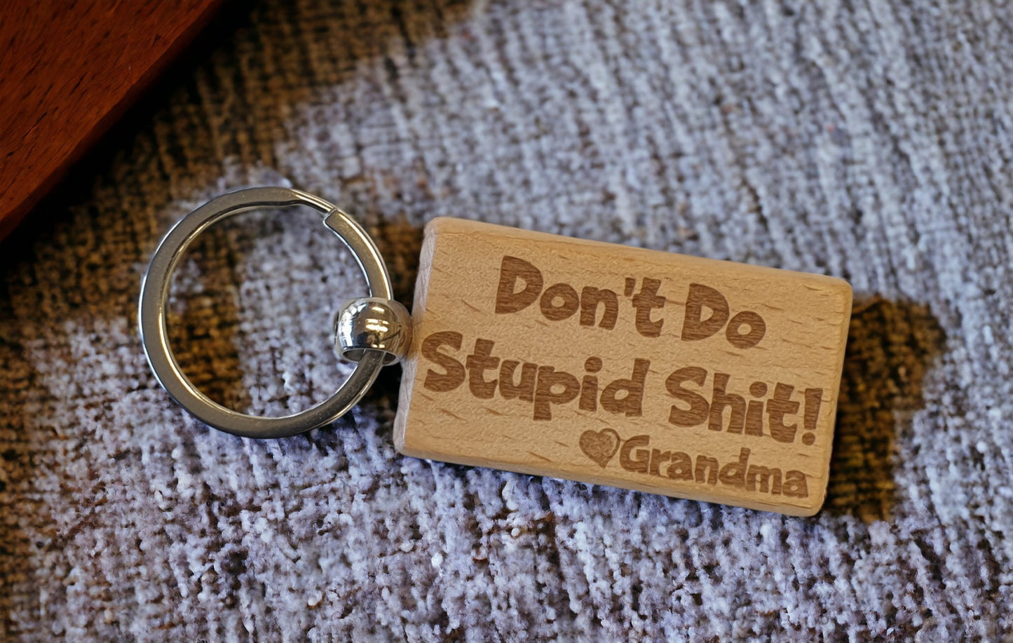 Grandson Granddaughter Keyring Gift - Don't Do Stupid Shit Love Heart Grandma - Cute Engraved Wooden Key Fob Fun Novelty Nice Custom Present