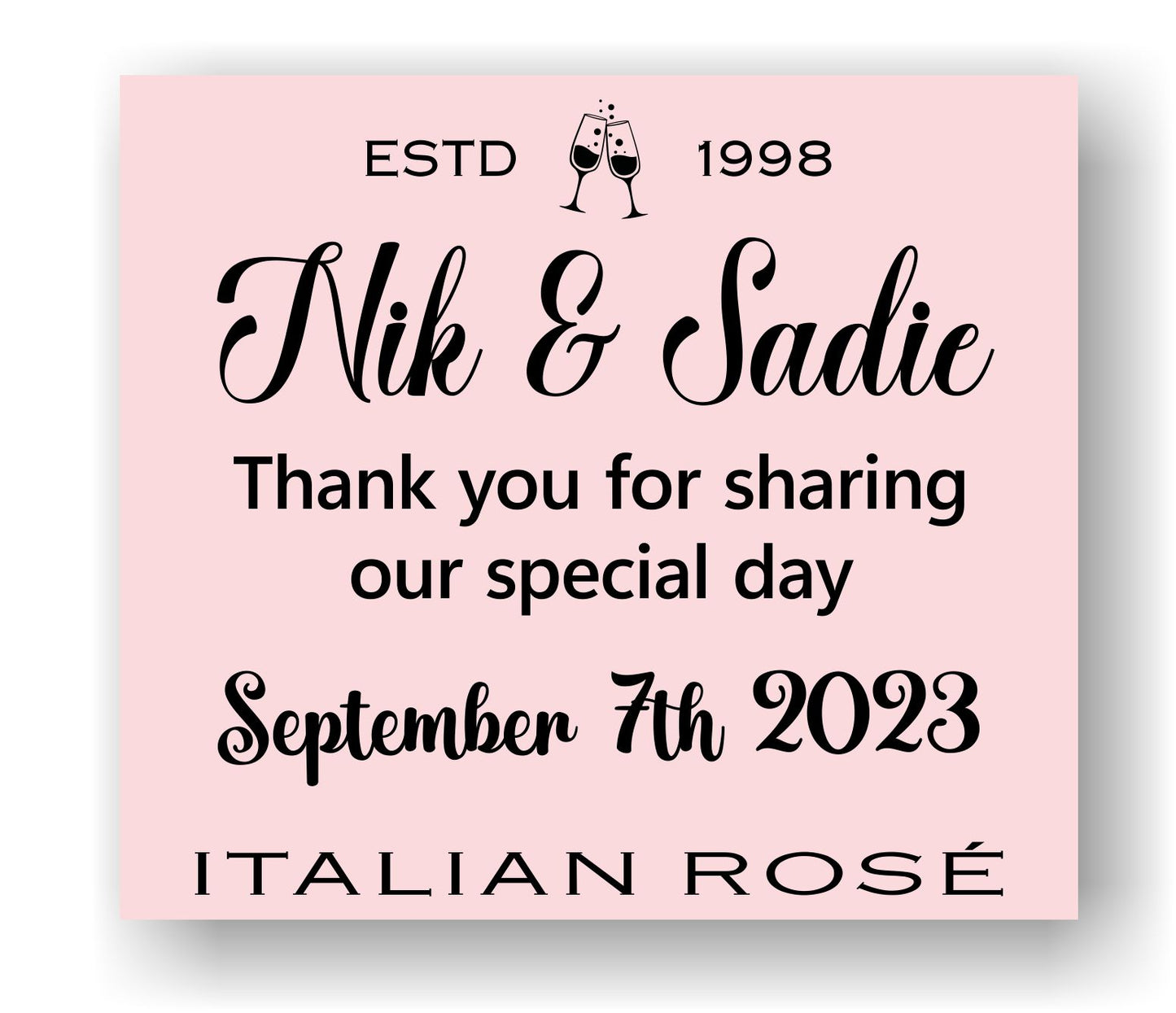 Wedding Reception Bottle Labels x2 - Pink or Grey - Any Name Year and Message - To fit Prosecco Wine Bottles