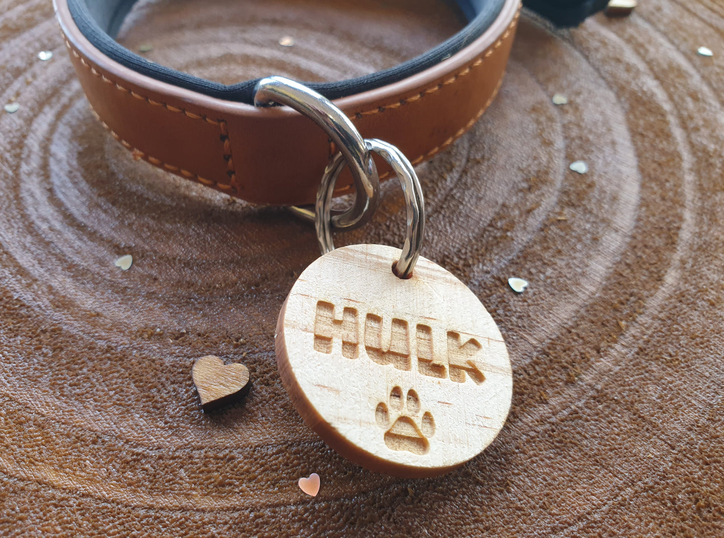 Personalised Dog Name Round Tag - Engraved Hardwood Cute Pet Circle Novelty Custom Present