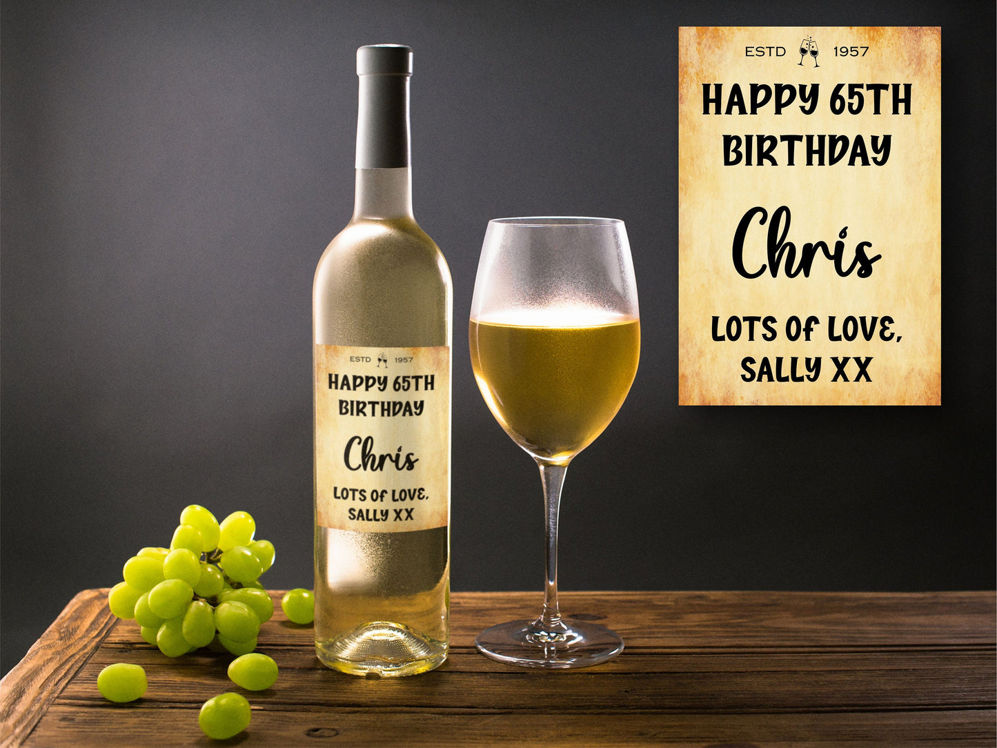 Happy Birthday Bottle Labels x2 - Vintage Style - Any Name Age Year and Message - To fit Wine Alcohol Bottles 68x99mm