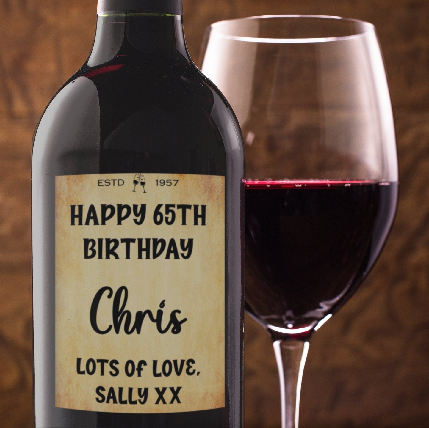 Happy Birthday Bottle Labels x2 - Vintage Style - Any Name Age Year and Message - To fit Wine Alcohol Bottles 68x99mm