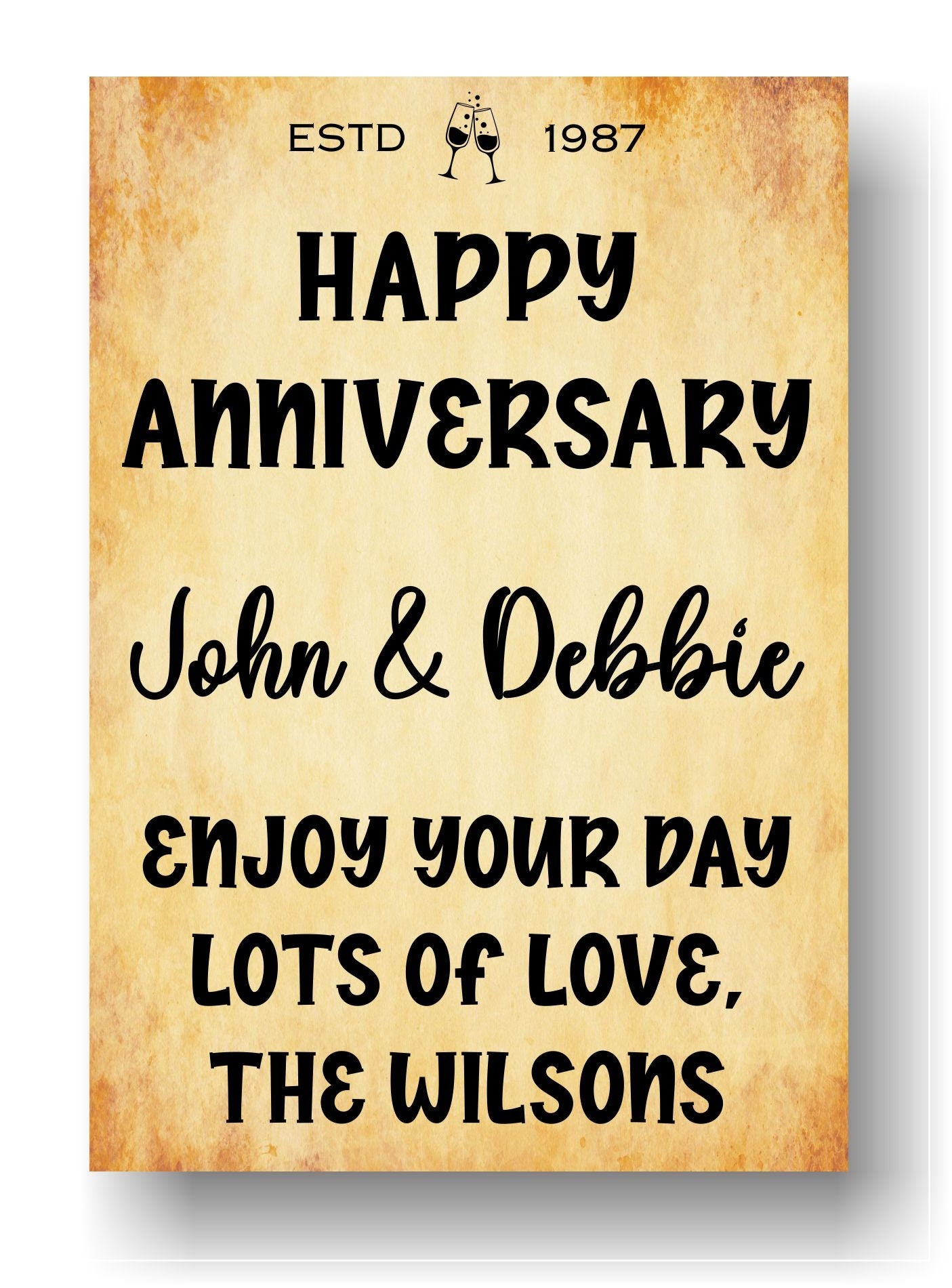 Happy Anniversary Bottle Labels x2 - Vintage Style - Any Name Year and Message - To fit Wine Alcohol Bottles 68x99mm