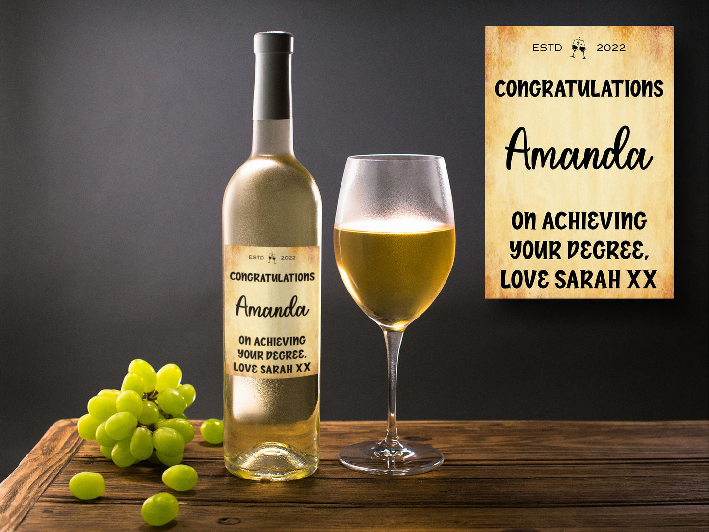 Congratulations Bottle Labels x2 - Vintage Style - Any Name Year and Message - To fit Wine Alcohol Bottles 68x99mm