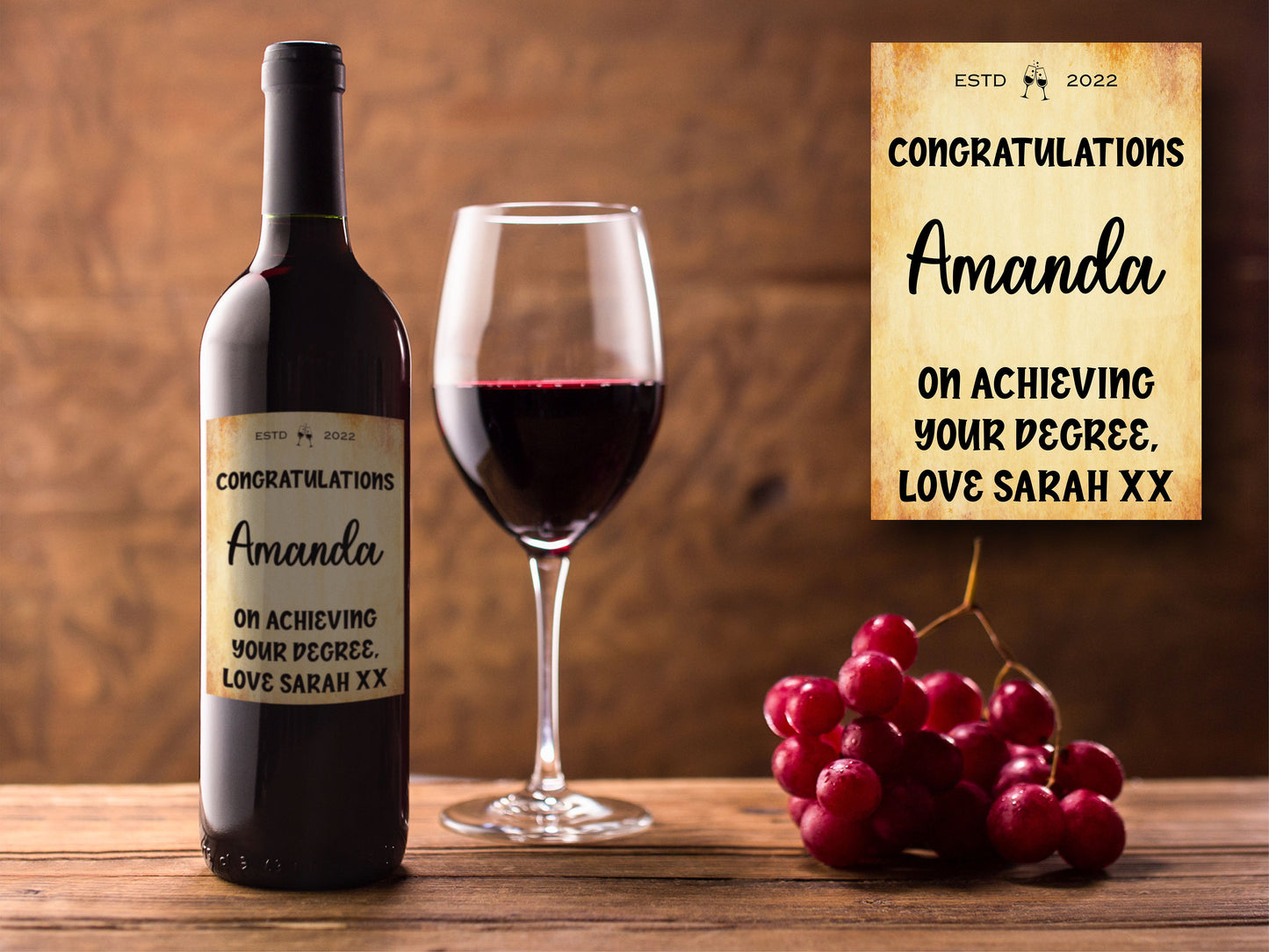 Congratulations Bottle Labels x2 - Vintage Style - Any Name Year and Message - To fit Wine Alcohol Bottles 68x99mm