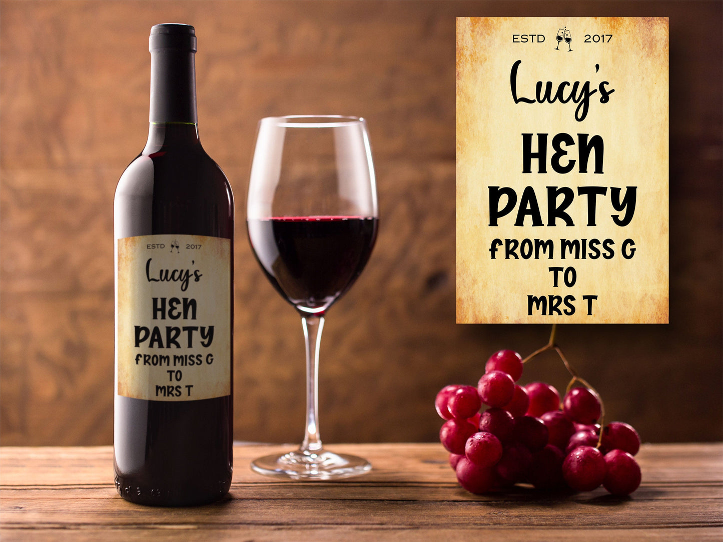 Hen Party Bottle Labels x2 - Vintage Style - Hen Do Any Name Year and Message - To fit Wine Alcohol Bottles 68x99mm