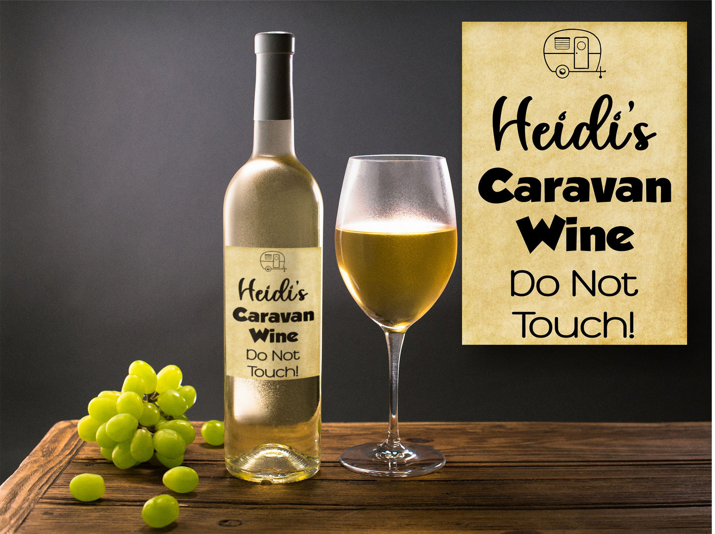 Personalised Caravan Gift Bottle Labels x2 - Vintage Style - Any Name and Message - To fit Wine Alcohol Bottles 68x99mm