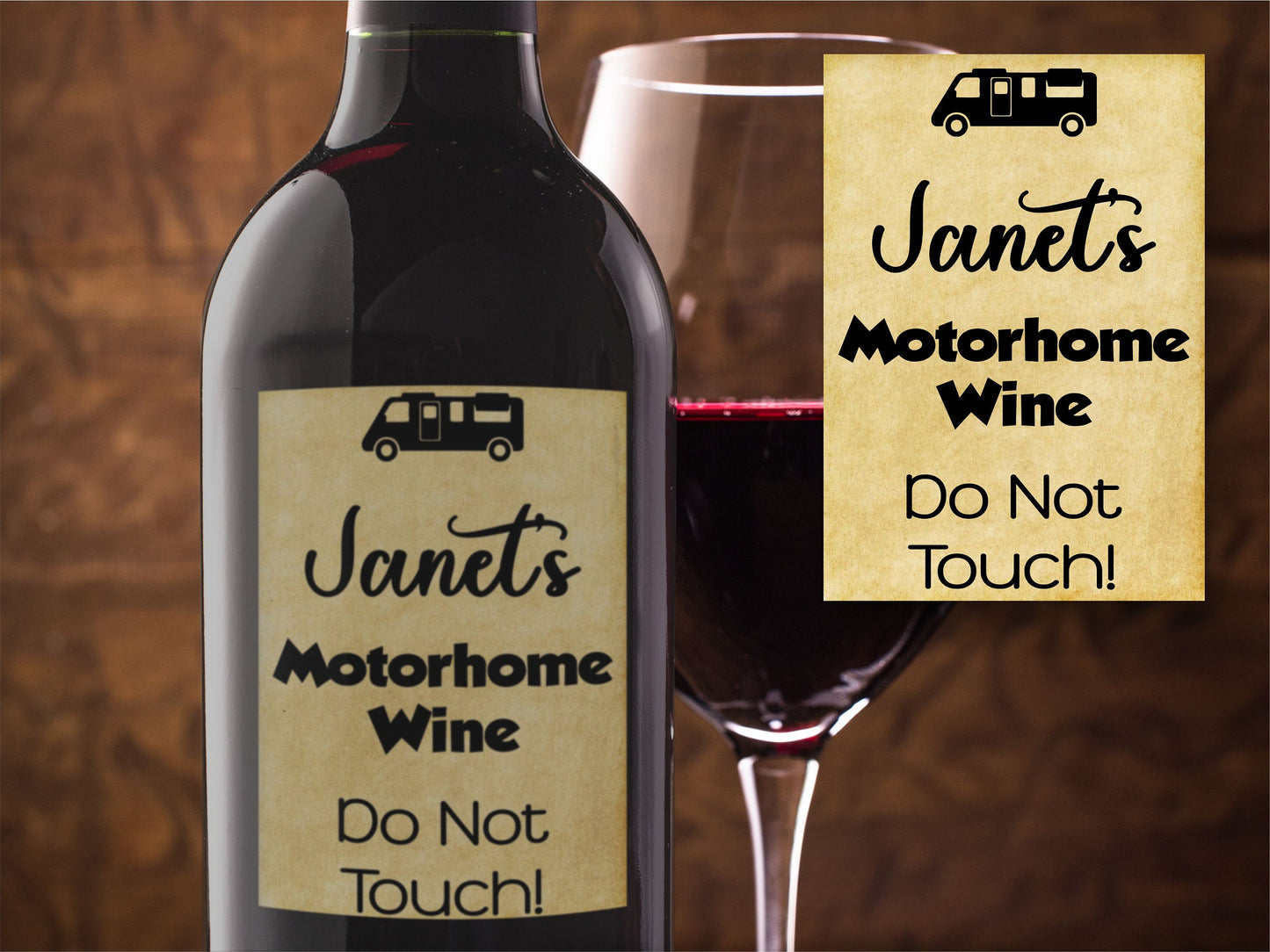 Personalised Motorhome Gift Bottle Labels x2 - Vintage Style - Any Name and Message - To fit Wine Alcohol Bottles 68x99mm