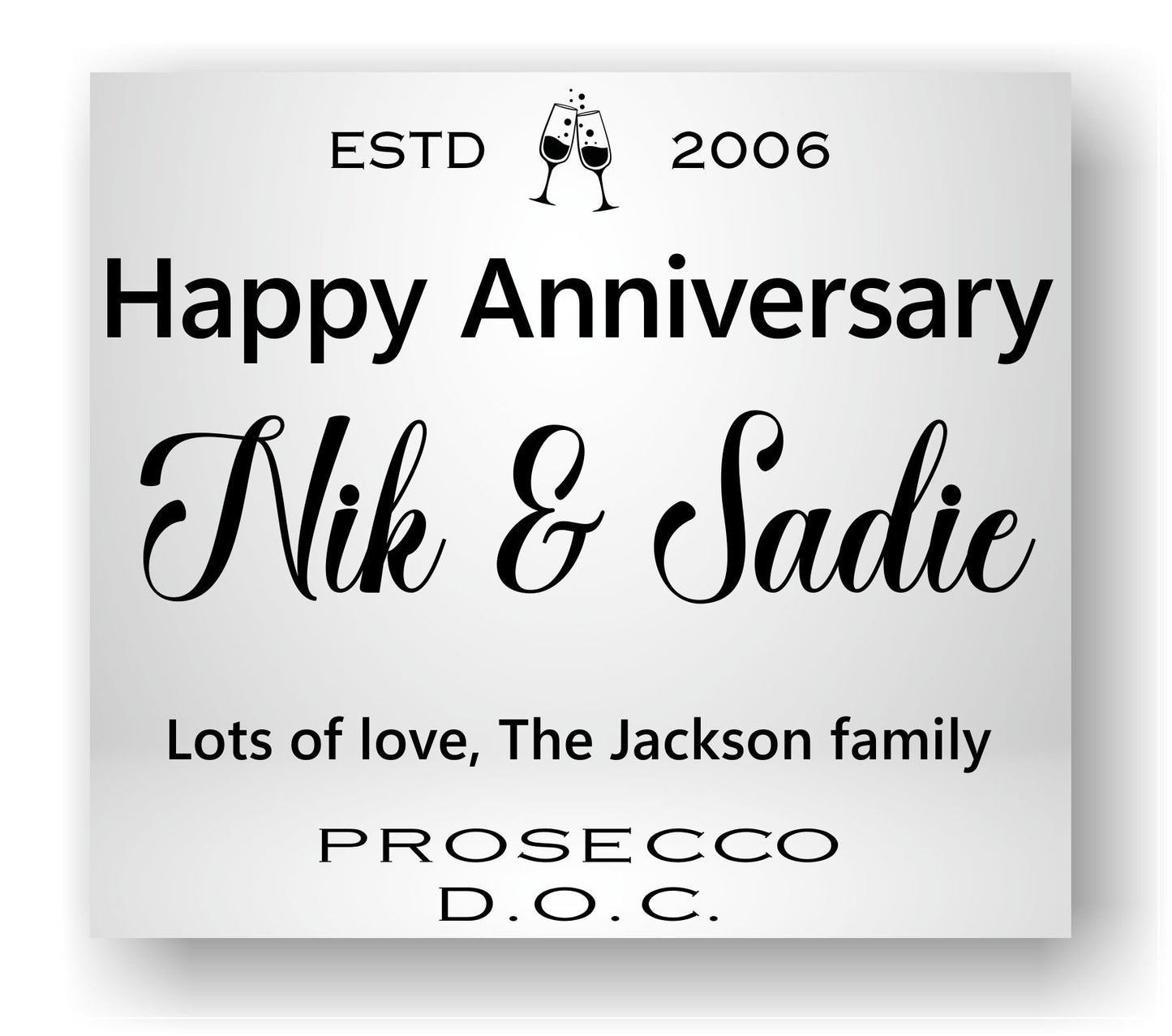 Happy Anniversary Bottle Labels x2 - Pink or Grey - Any Name Year and Message - To fit Prosecco Wine Bottles