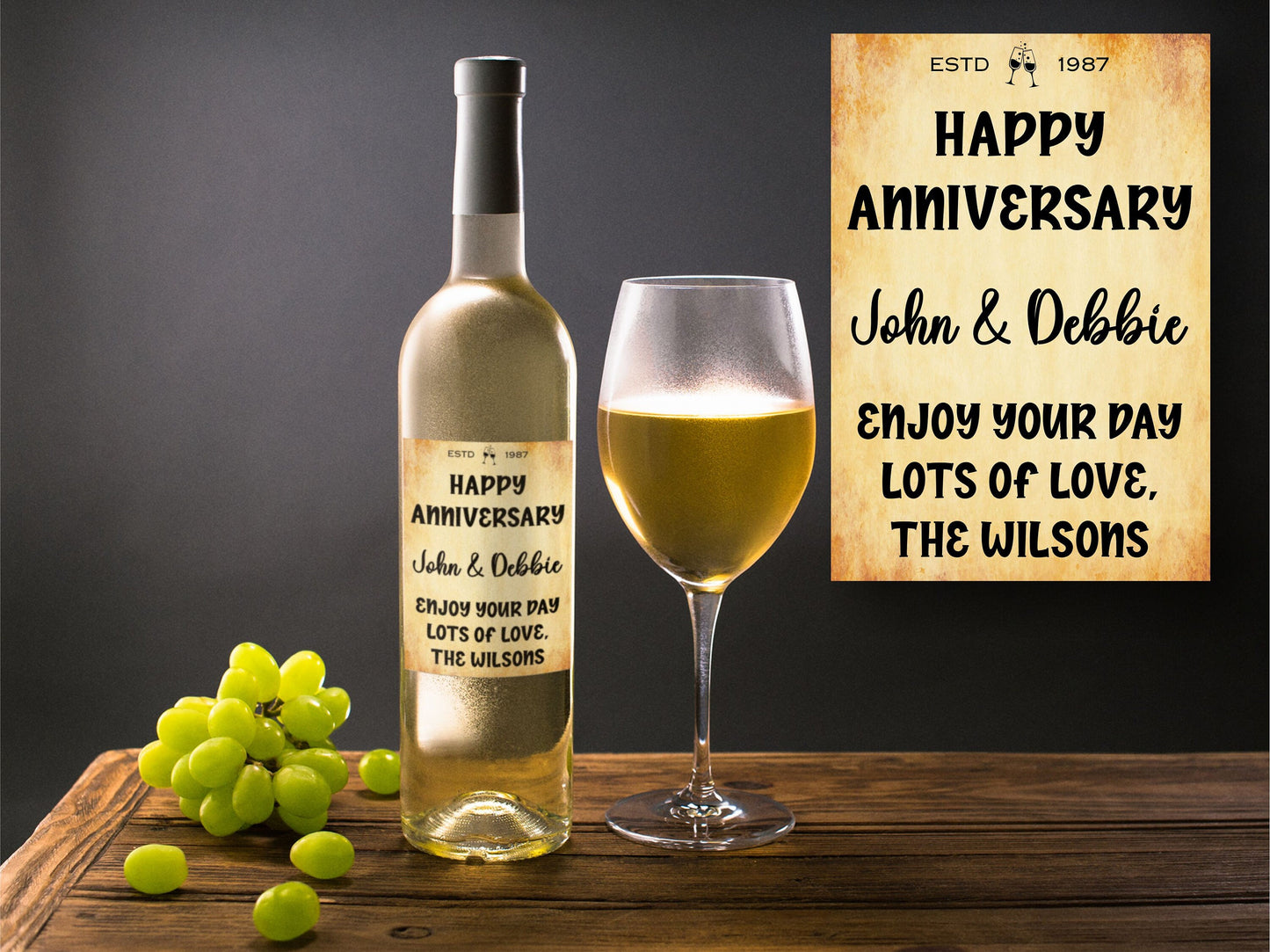 Happy Anniversary Bottle Labels x2 - Vintage Style - Any Name Year and Message - To fit Wine Alcohol Bottles 68x99mm