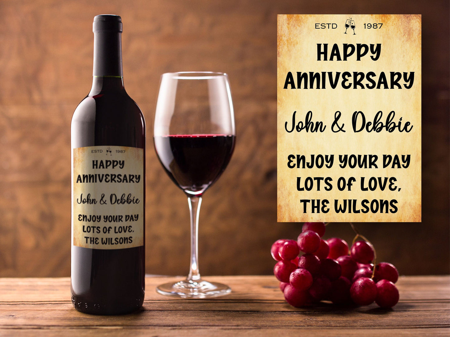 Happy Anniversary Bottle Labels x2 - Vintage Style - Any Name Year and Message - To fit Wine Alcohol Bottles 68x99mm