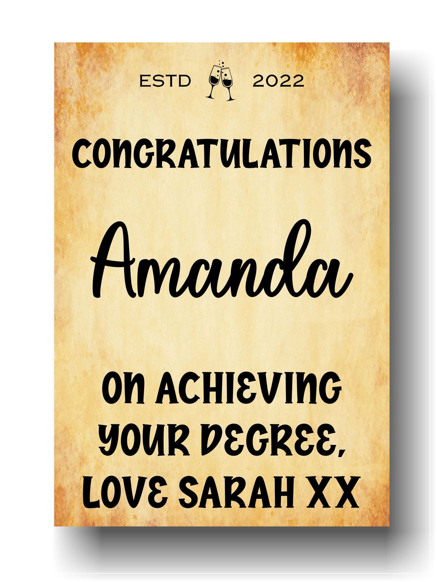 Congratulations Bottle Labels x2 - Vintage Style - Any Name Year and Message - To fit Wine Alcohol Bottles 68x99mm