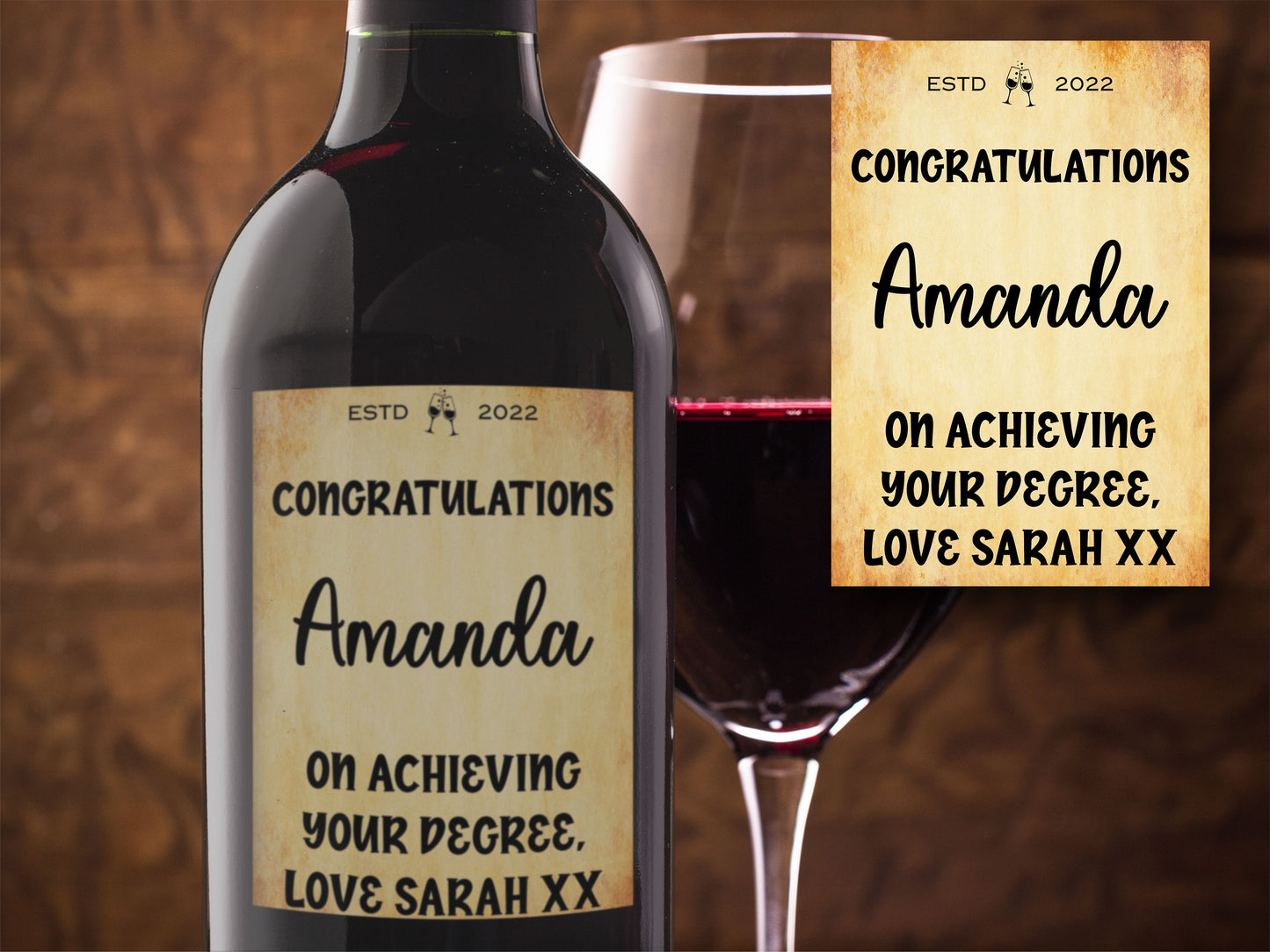 Congratulations Bottle Labels x2 - Vintage Style - Any Name Year and Message - To fit Wine Alcohol Bottles 68x99mm