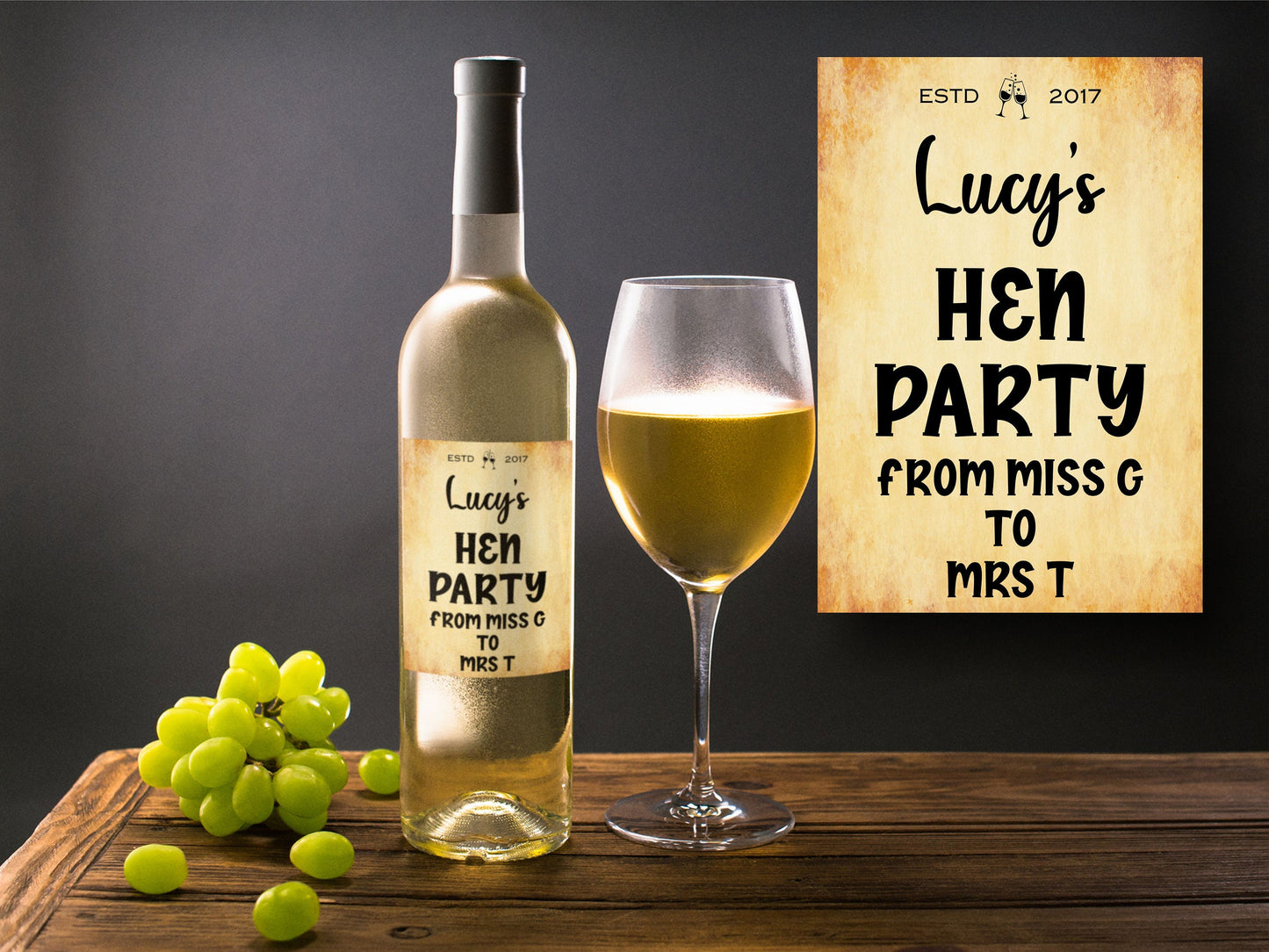 Hen Party Bottle Labels x2 - Vintage Style - Hen Do Any Name Year and Message - To fit Wine Alcohol Bottles 68x99mm