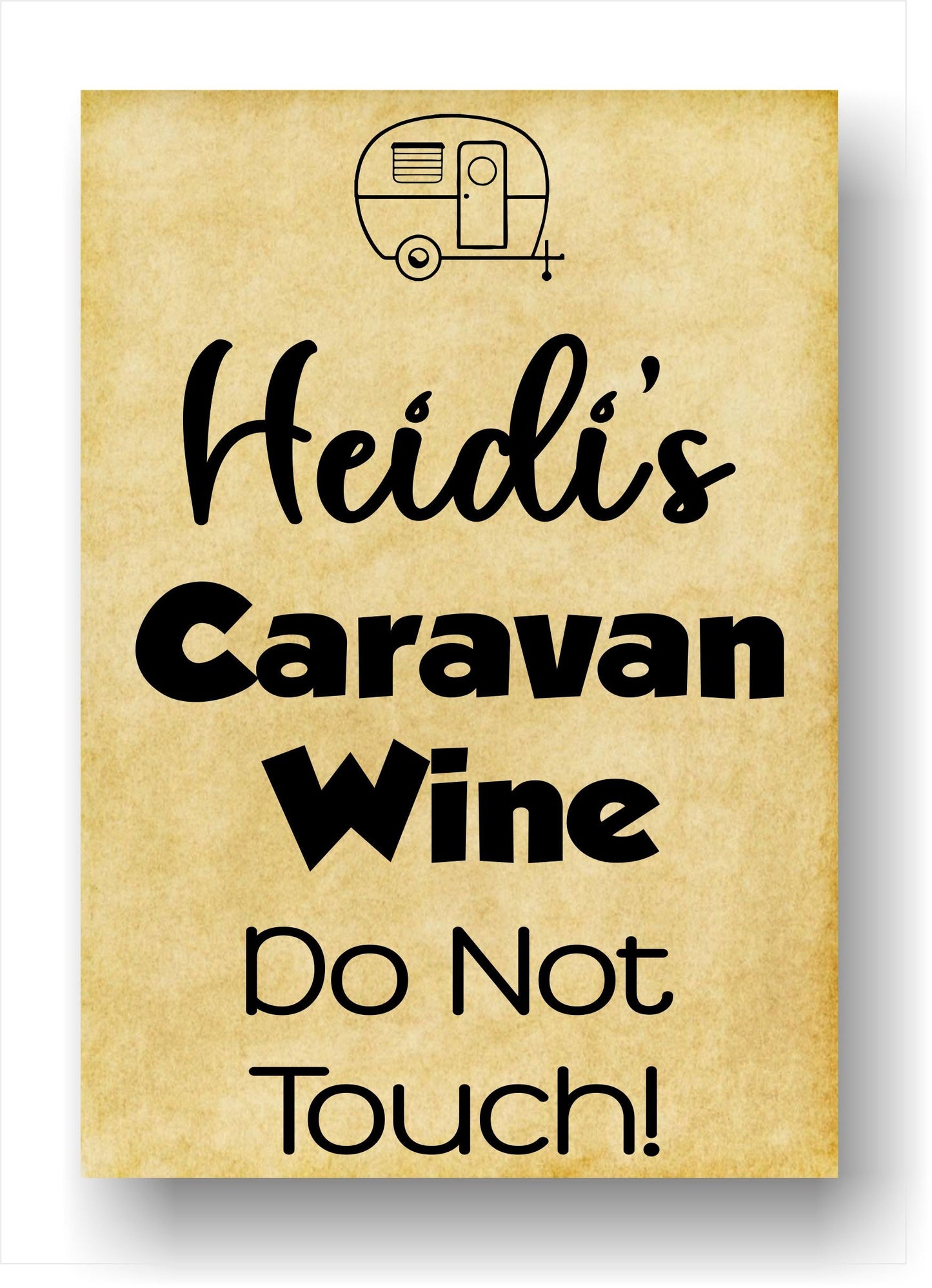 Personalised Caravan Gift Bottle Labels x2 - Vintage Style - Any Name and Message - To fit Wine Alcohol Bottles 68x99mm