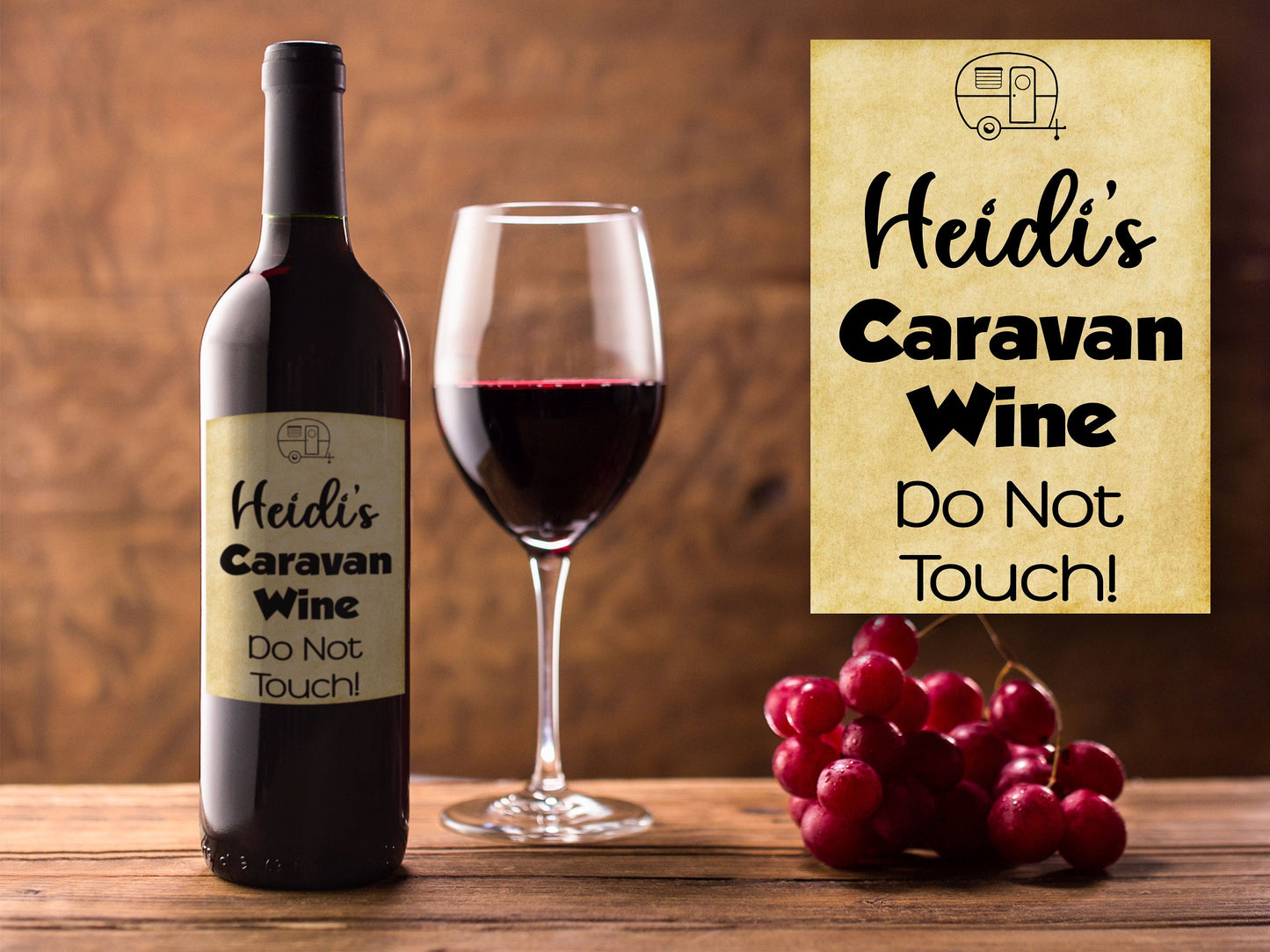 Personalised Caravan Gift Bottle Labels x2 - Vintage Style - Any Name and Message - To fit Wine Alcohol Bottles 68x99mm