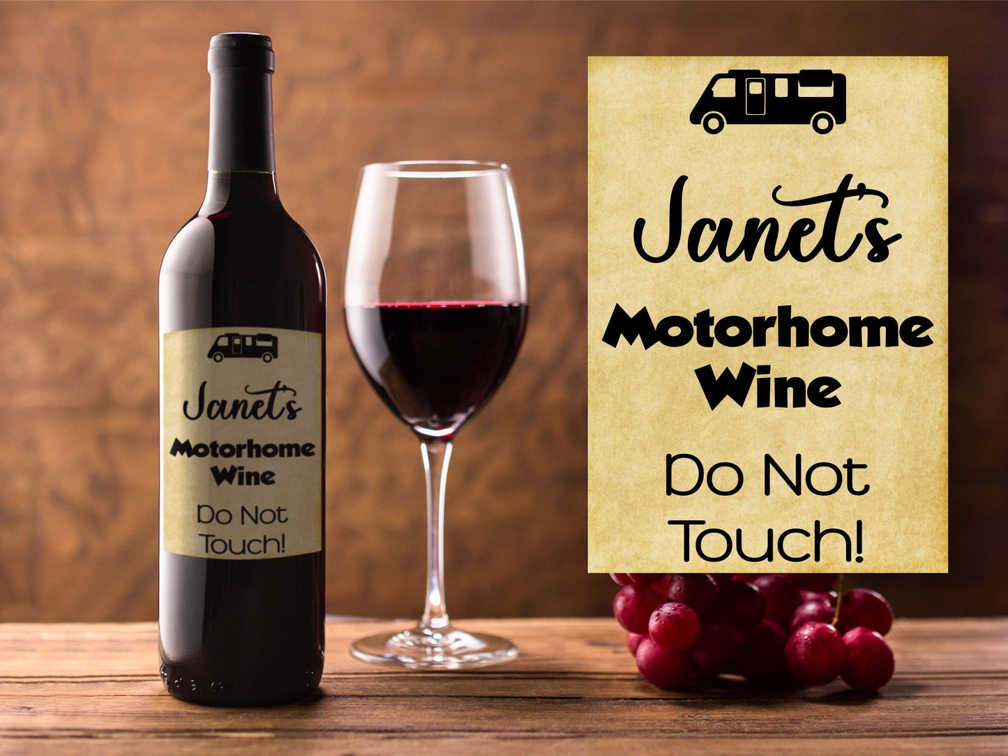 Personalised Motorhome Gift Bottle Labels x2 - Vintage Style - Any Name and Message - To fit Wine Alcohol Bottles 68x99mm