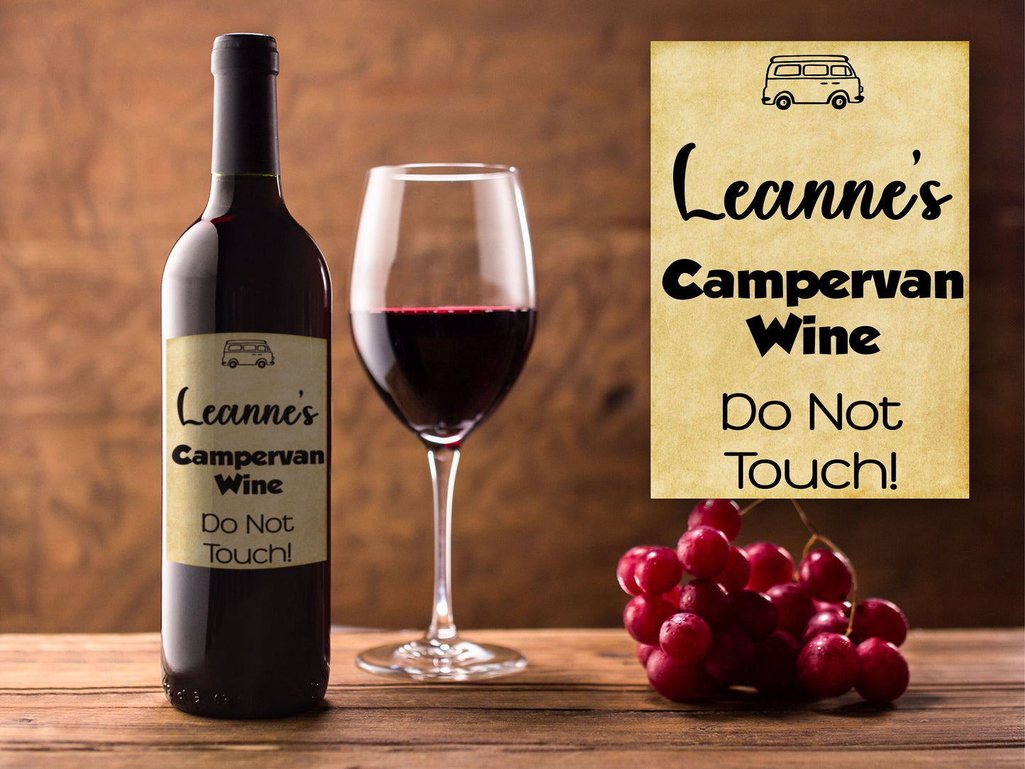 Personalised Campervan Gift Bottle Labels x2 - Vintage Style - Any Name and Message - To fit Wine Alcohol Bottles 68x99mm