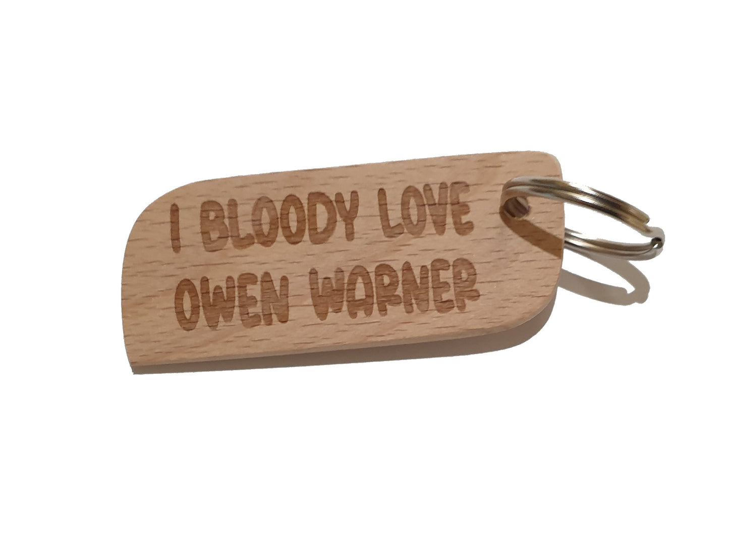 Owen Warner Keyring Gift - I Bloody Love Owen Warner - Engraved Wood Celebrity Jungle Fan Birthday Christmas Fun Cute Novelty Present