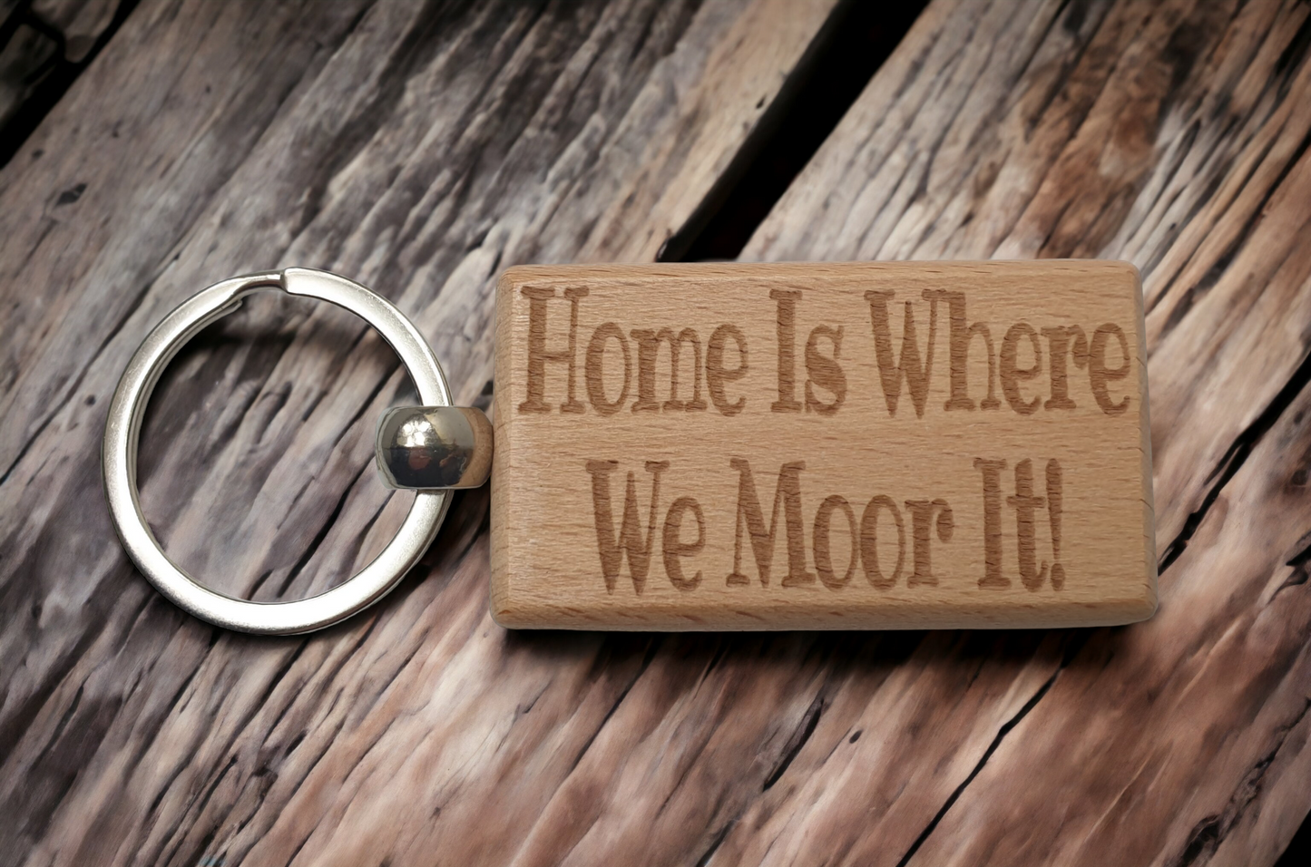 Narrowboat Keyring Gift - Home Is Where We Moor It Engraved Hardwood Key Fob Novelty Nice Custom Barge Canal Boat Present