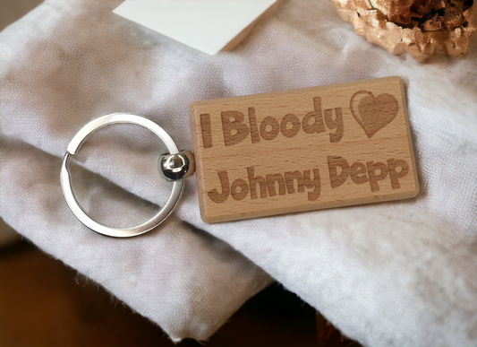 Johnny Depp Keyring Gift - I Bloody Love Heart - Engraved Wooden Movie Fan Birthday Fun Cute Novelty Present