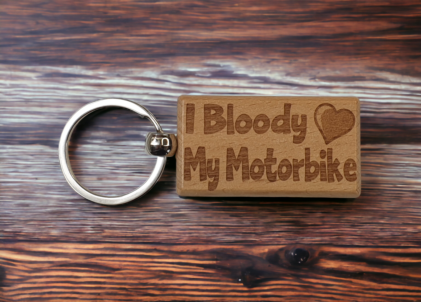Cute Motorcycle Keyring Gift - I Bloody Love Heart My Motorbike - Nice Cute Engraved Wooden Key Fob Fun Novelty Present