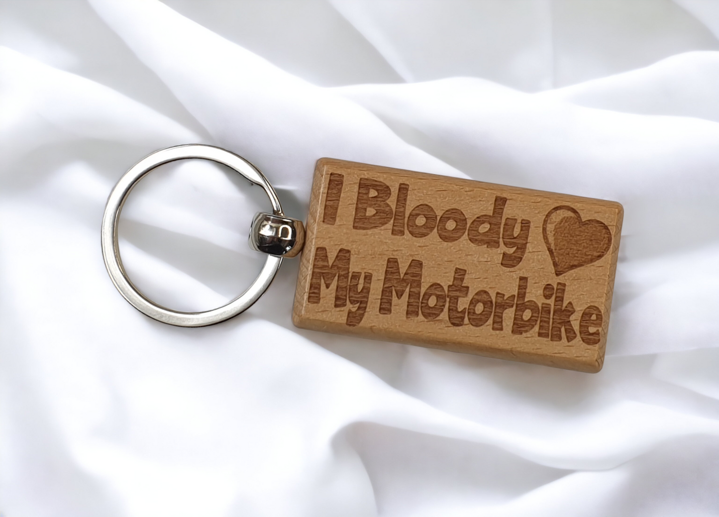 Cute Motorcycle Keyring Gift - I Bloody Love Heart My Motorbike - Nice Cute Engraved Wooden Key Fob Fun Novelty Present