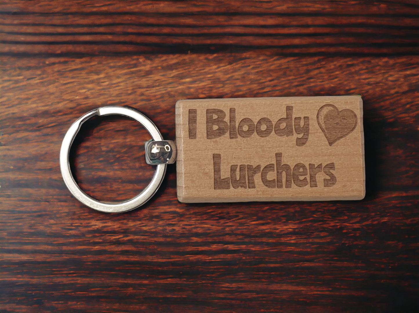 Lurcher Keyring Gift - I Bloody Love Heart - Nice Cute Engraved Wooden Key Fob Fun Present