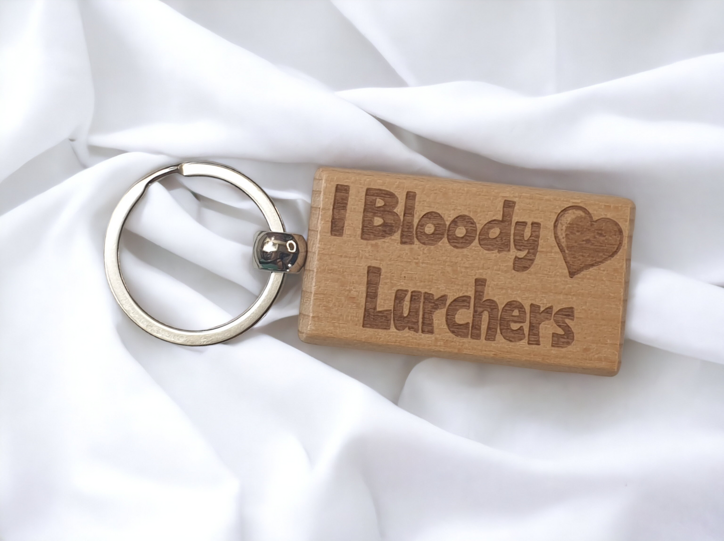 Lurcher Keyring Gift - I Bloody Love Heart - Nice Cute Engraved Wooden Key Fob Fun Present