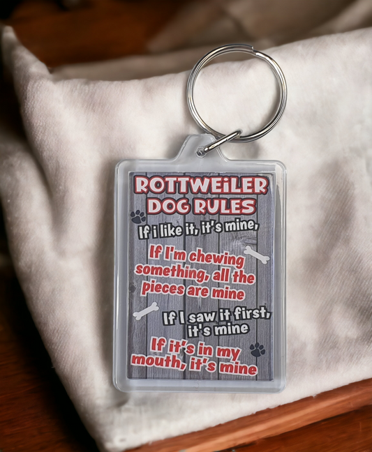 Rottweiler Keyring Gift - Dog Rules - Cute Key Fob Chain Fun Novelty Nice Owner Present
