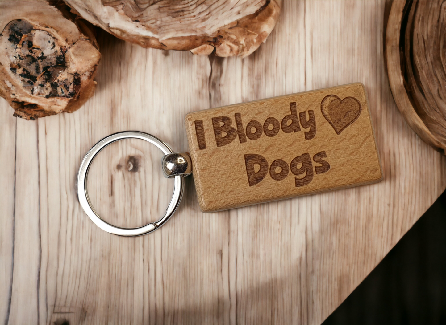 Dog Keyring Gift - I Bloody Love Heart - Cute Engraved Wooden Key Fob Fun Novelty Nice Custom Present