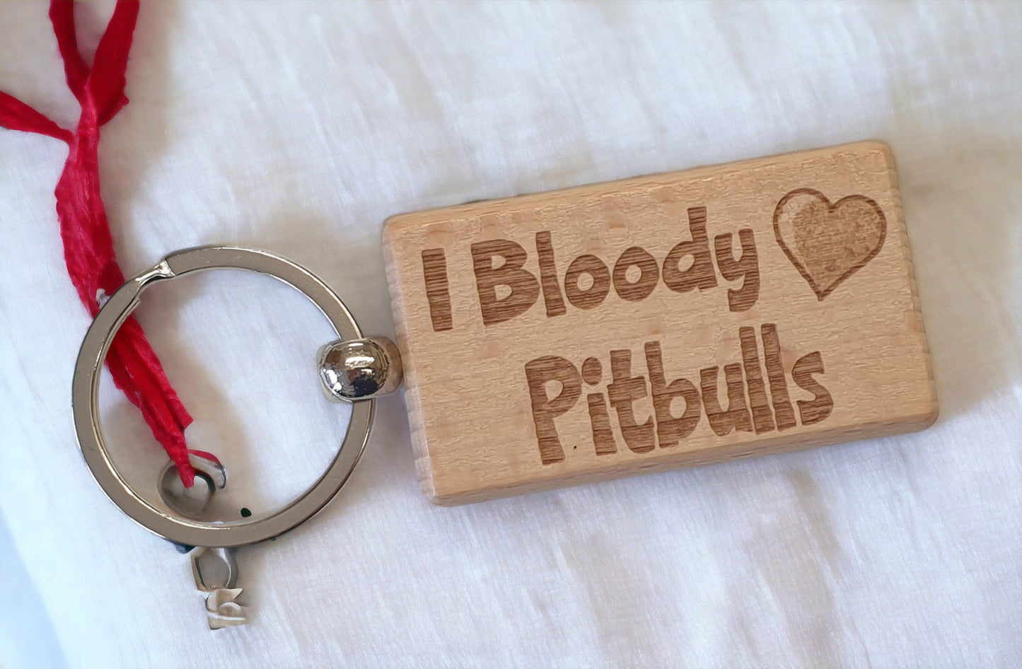 Pitbull Keyring Gift - I Bloody Love Heart - Cute Engraved Wooden Key Fob Fun Novelty Nice Dog Owner Present