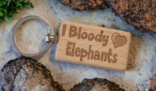 Elephant Keyring Gift - I Bloody Love Heart - Cute Engraved Wooden Key Fob Fun Novelty Nice Zoo Animal Present