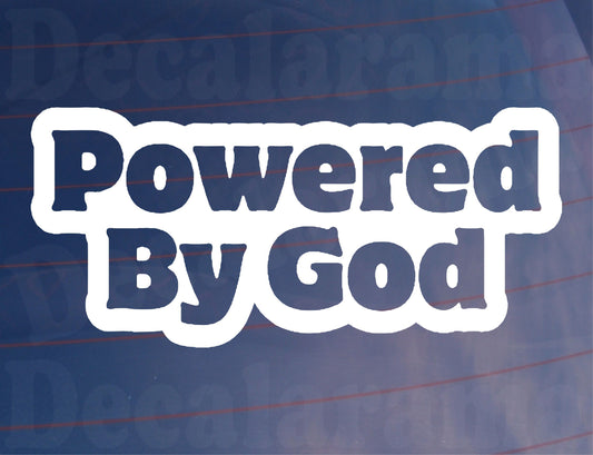 Car Sticker Powered By God Fun Cute Religion Novelty Van Window Bumper Boot Door Decal Present Gift