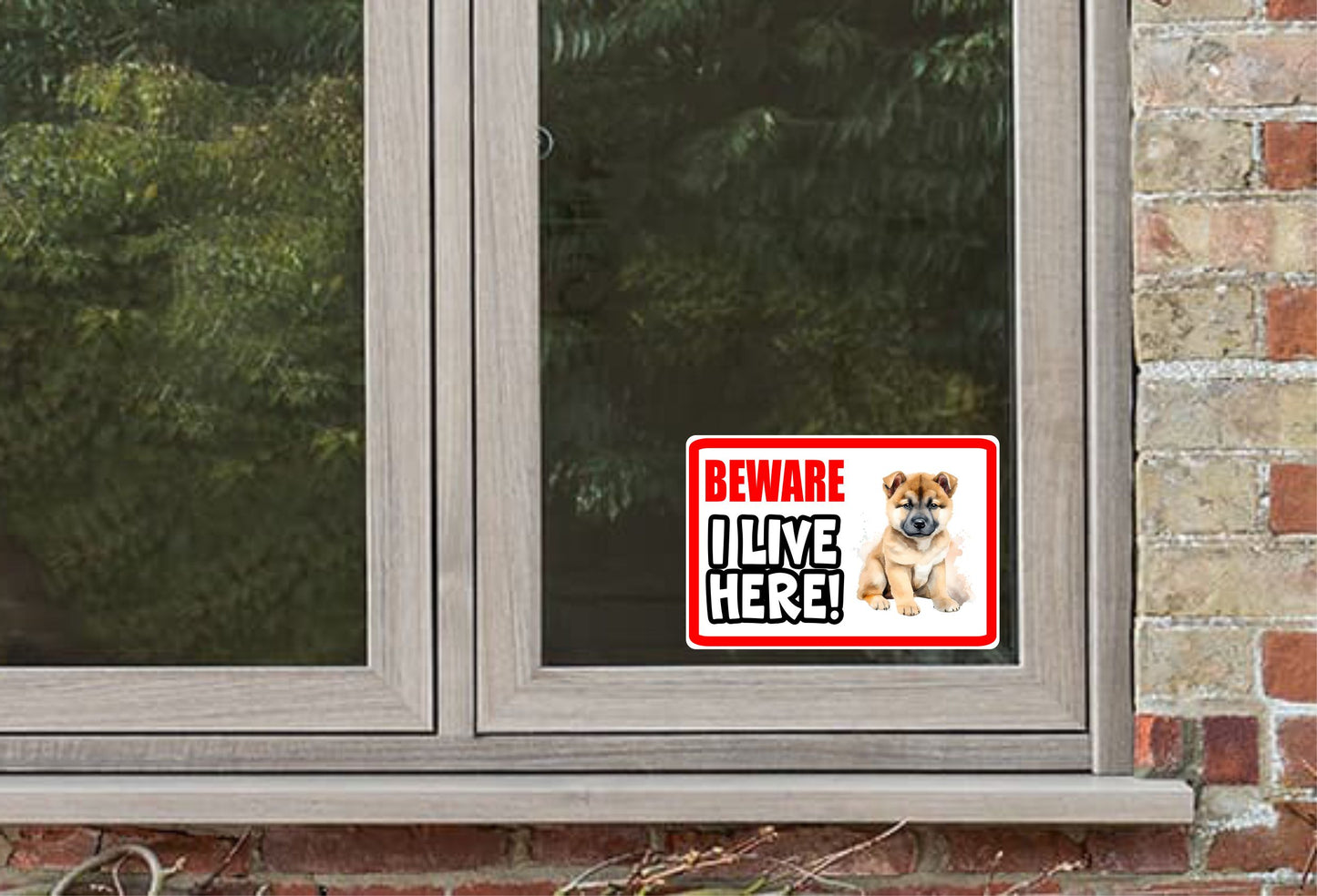 Akita Sticker - Beware I Live Here - Cute House Home Window Door Porch Dog Warning Decal