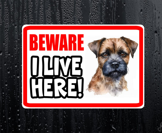 Border Terrier Sticker - Beware I Live Here - Cute House Home Window Door Porch Dog Warning Decal
