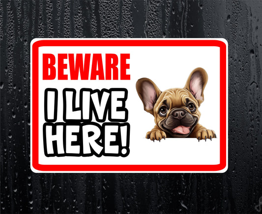 French Bulldog Sticker - Beware I Live Here - Cute House Home Window Door Porch Dog Warning Decal