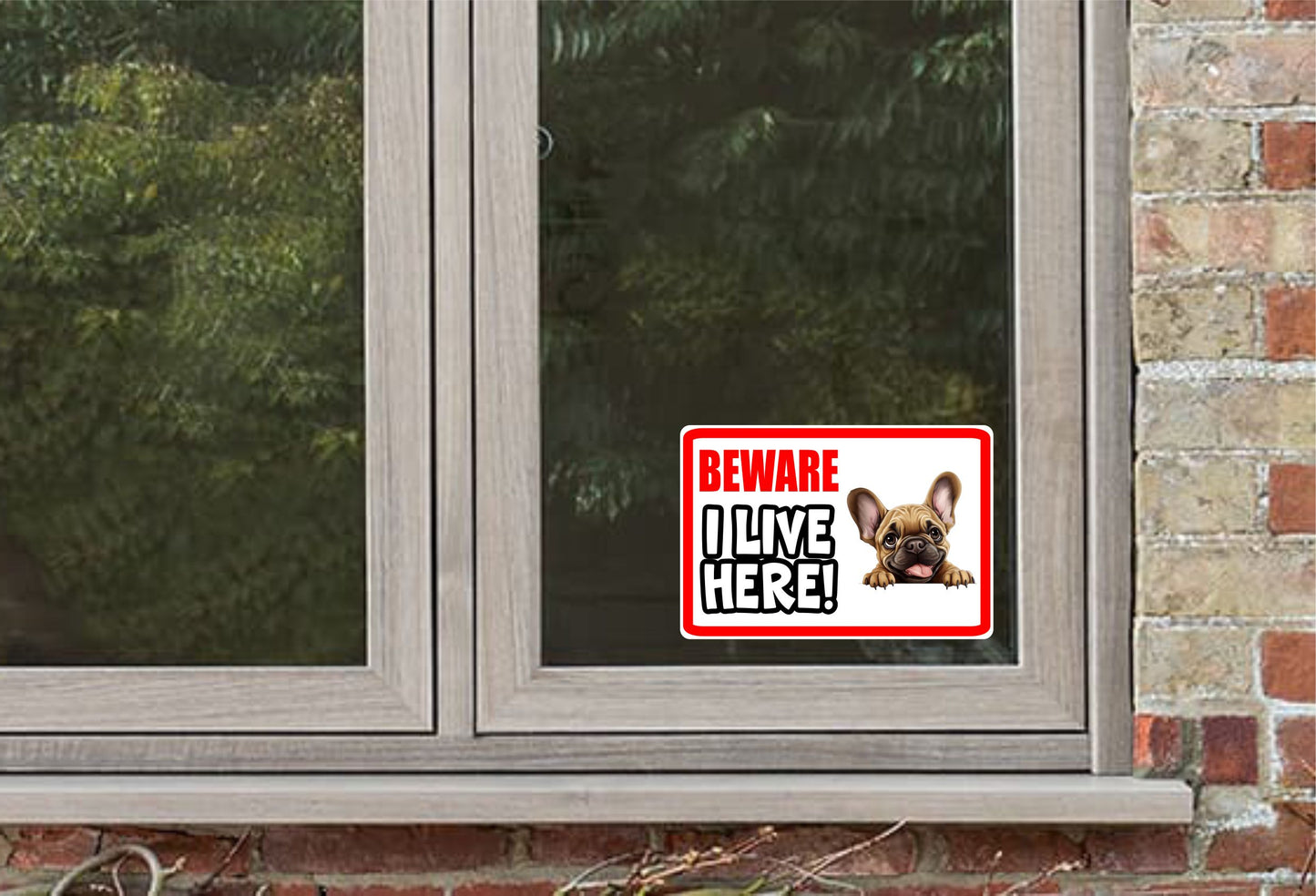 French Bulldog Sticker - Beware I Live Here - Cute House Home Window Door Porch Dog Warning Decal