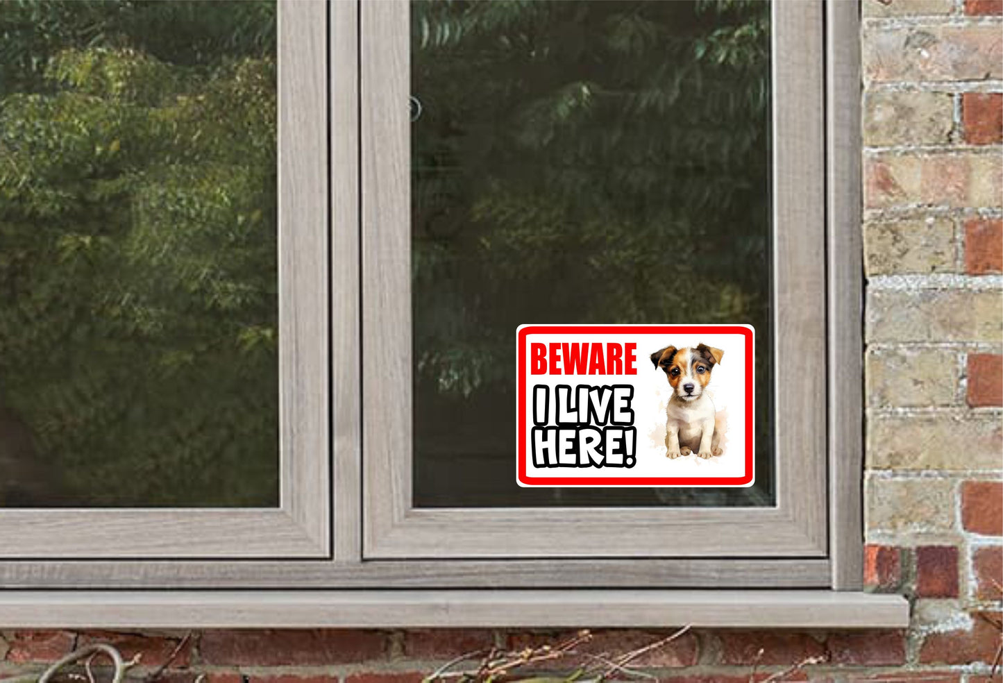 Jack Russell Sticker - Beware I Live Here - Cute House Home Window Door Porch Dog Warning Decal