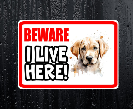 Labrador Retriever Sticker - Beware I Live Here - Cute House Home Window Door Porch Dog Warning Decal