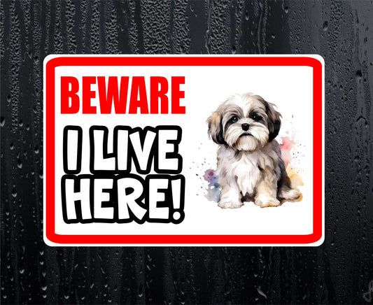 Lhasa Apso Sticker - Beware I Live Here - Cute House Home Window Door Porch Dog Warning Decal
