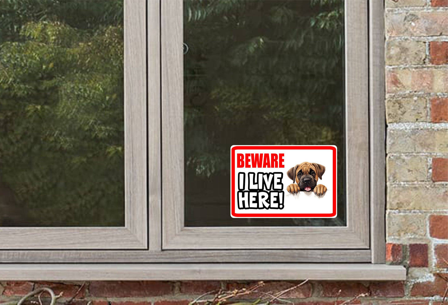 Mastiff Sticker - Beware I Live Here - Cute House Home Window Door Porch Dog Warning Decal