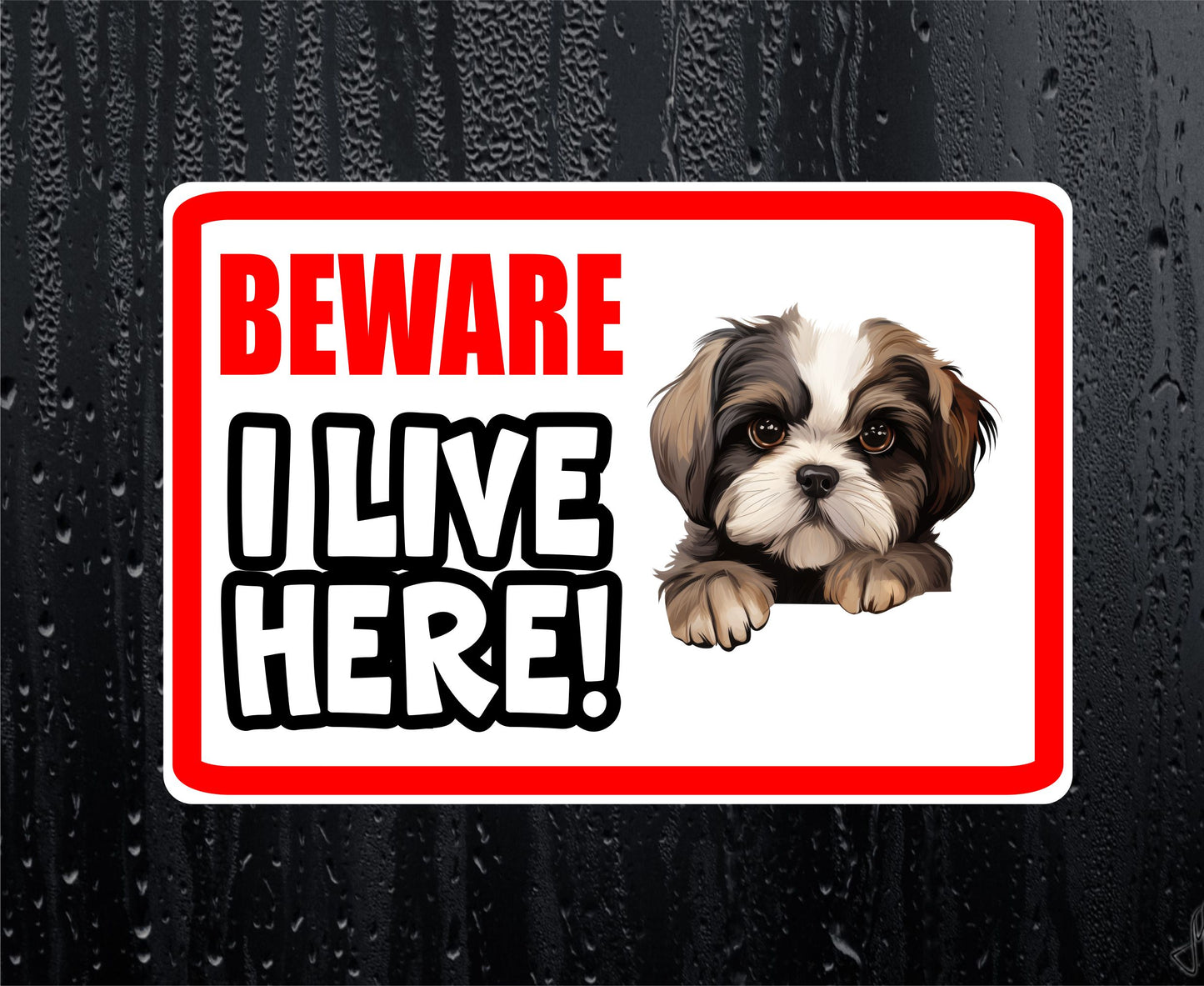 Shih Tzu Sticker - Beware I Live Here - Cute House Home Window Door Porch Dog Warning Decal