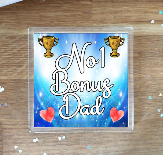 Bonus Dad Coaster Gift - Number One Bonus Dad - Fun Cute Novelty Family Present