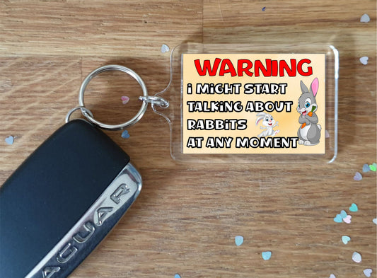 Rabbit Keyring Gift - Warning I Might Start Talking About * At Any Moment - Fun Cute Novelty Animal Present