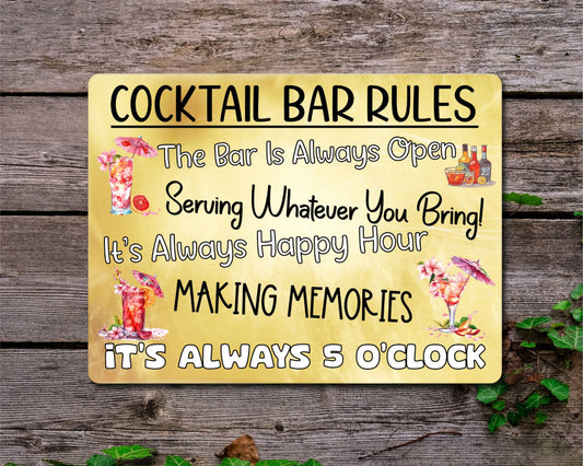 Alcohol Metal Sign Gift - Cocktail Bar Rules - The Bar Is Always Open - Yellow - Cute Fun Novelty Aluminium Present