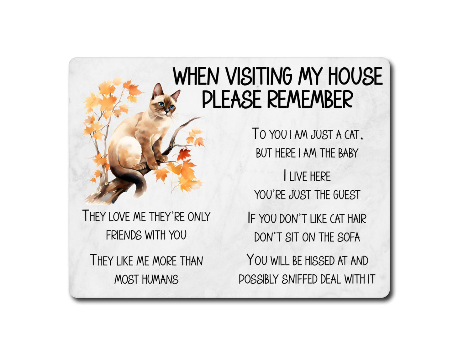 Siamese Cat Metal Sign Gift - When Visiting My House Please Remember - Cute Fun Novelty Animal Aluminium Present