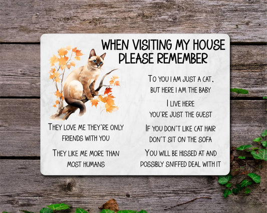 Siamese Cat Metal Sign Gift - When Visiting My House Please Remember - Cute Fun Novelty Animal Aluminium Present