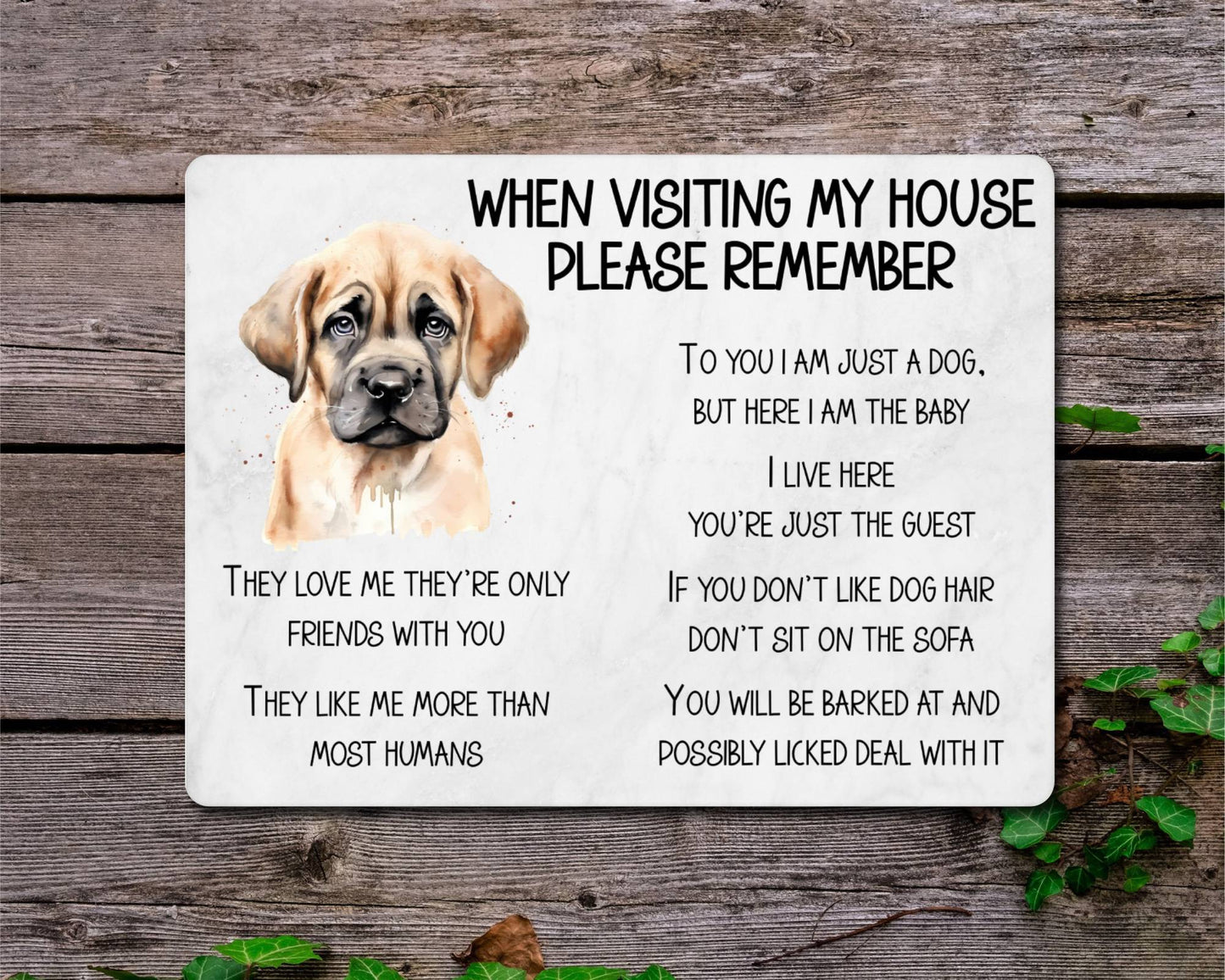 Mastiff Metal Sign Gift - When Visiting My House Please Remember - Cute Fun Novelty Animal Aluminium Present