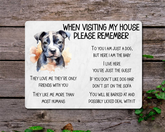 Staffie Metal Sign Gift - When Visiting My House Please Remember - Cute Fun Novelty Animal Aluminium Present