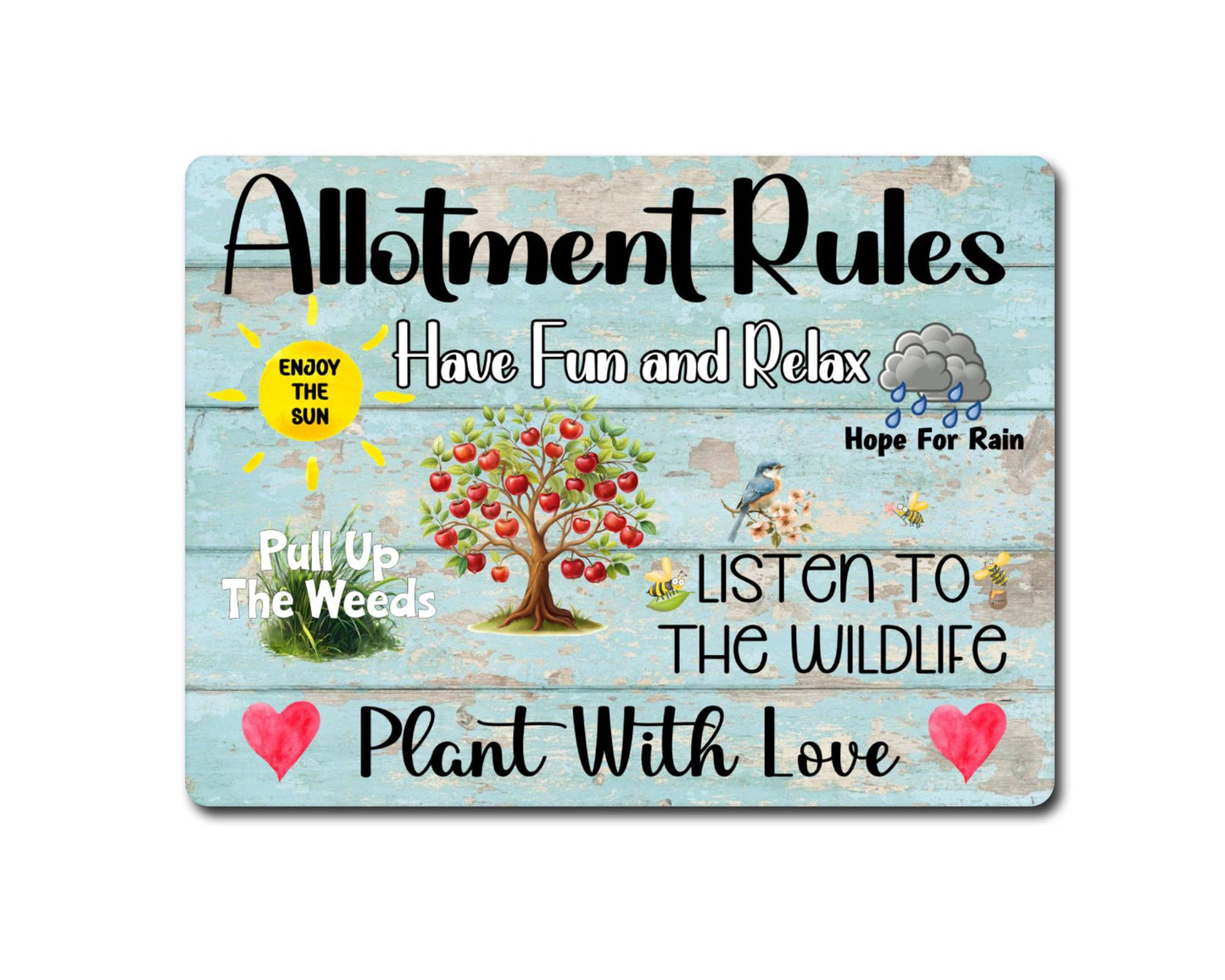 Garden Metal Sign Gift - Allotment Rules - Plant With Love - BLUE WOOD - Cute Fun Novelty Family Aluminium Present